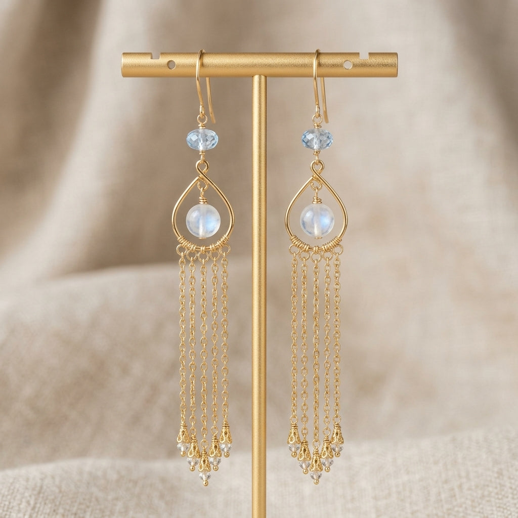 Wire-Wrapped Teardrop Chandelier Silver Earrings with Chain Fringe