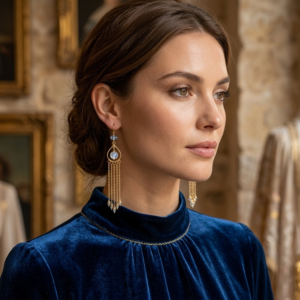 Wire-Wrapped Teardrop Chandelier Silver Earrings with Chain Fringe