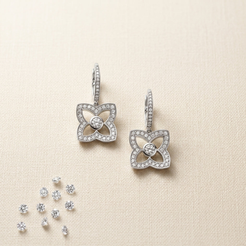 Quatrefoil Moissanite Huggie Drop Earrings