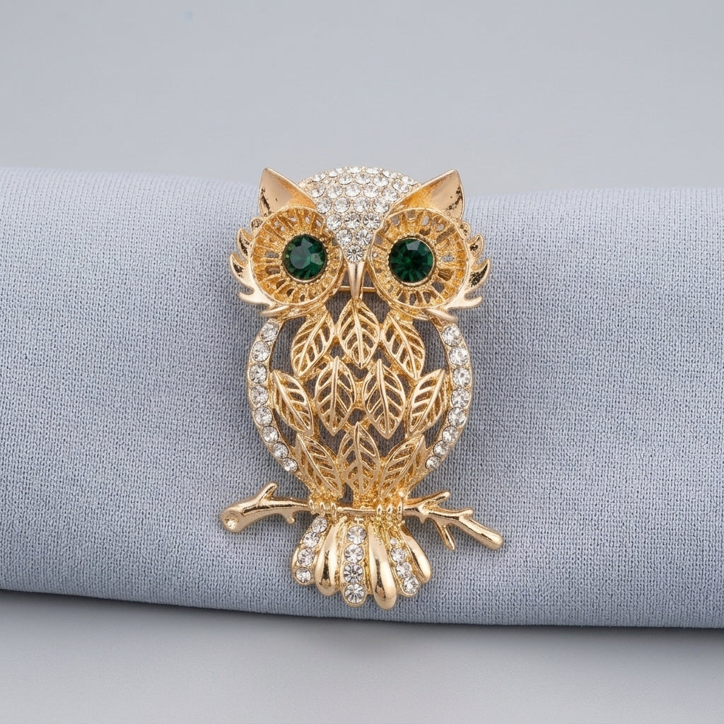 The owl men brooch with green gemstone in gold plated