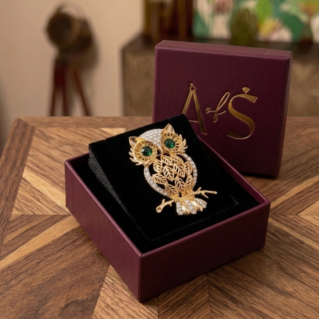 The owl men brooch with green gemstone in gold plated