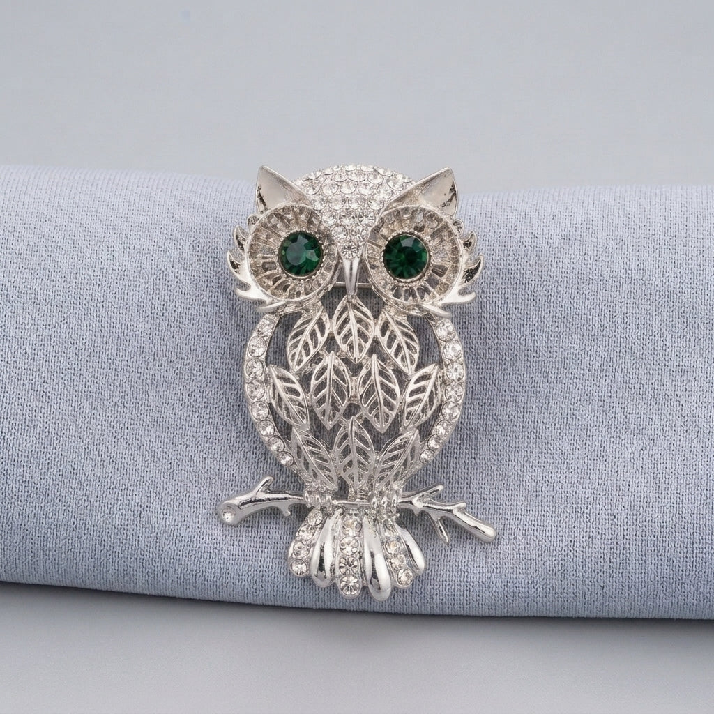 The owl men brooch with green gemstone in gold plated