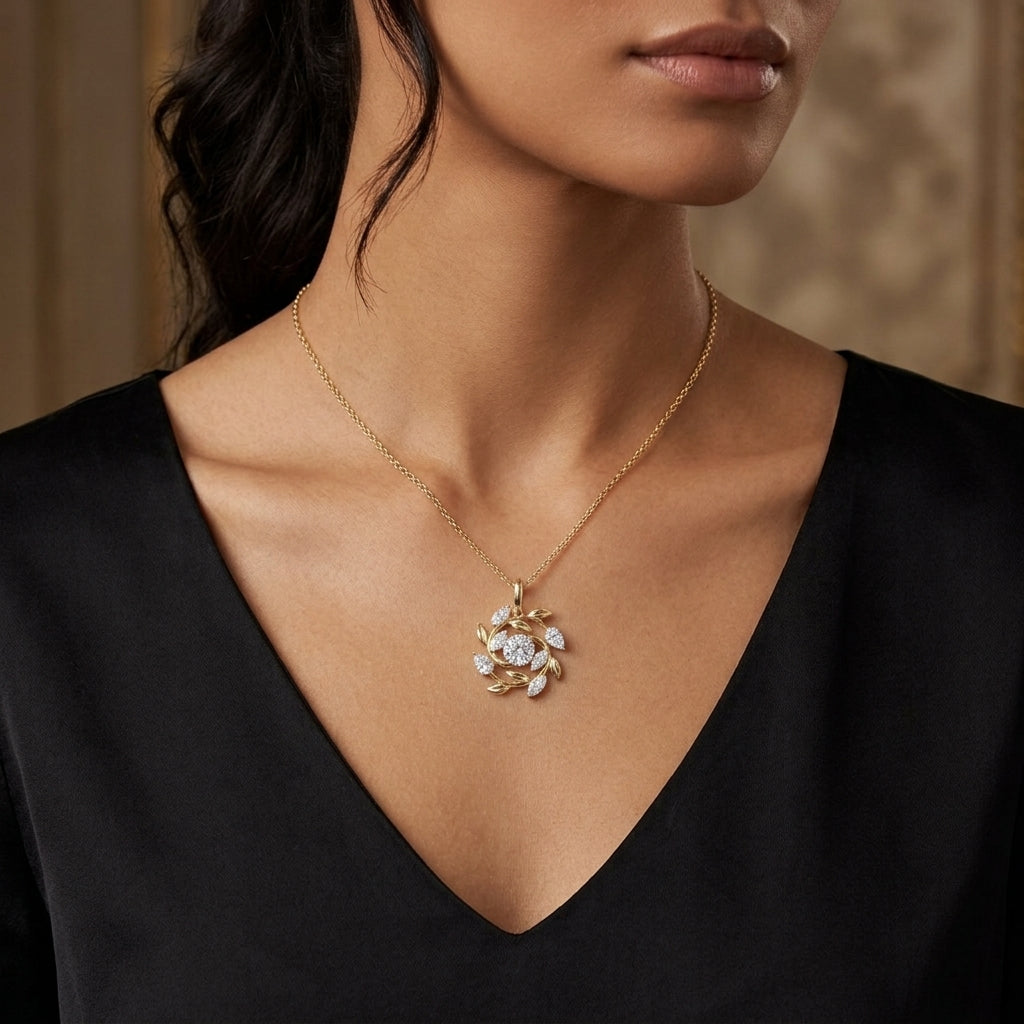 A silver-tone floral pendant necklace round stones leaf-like swirls,