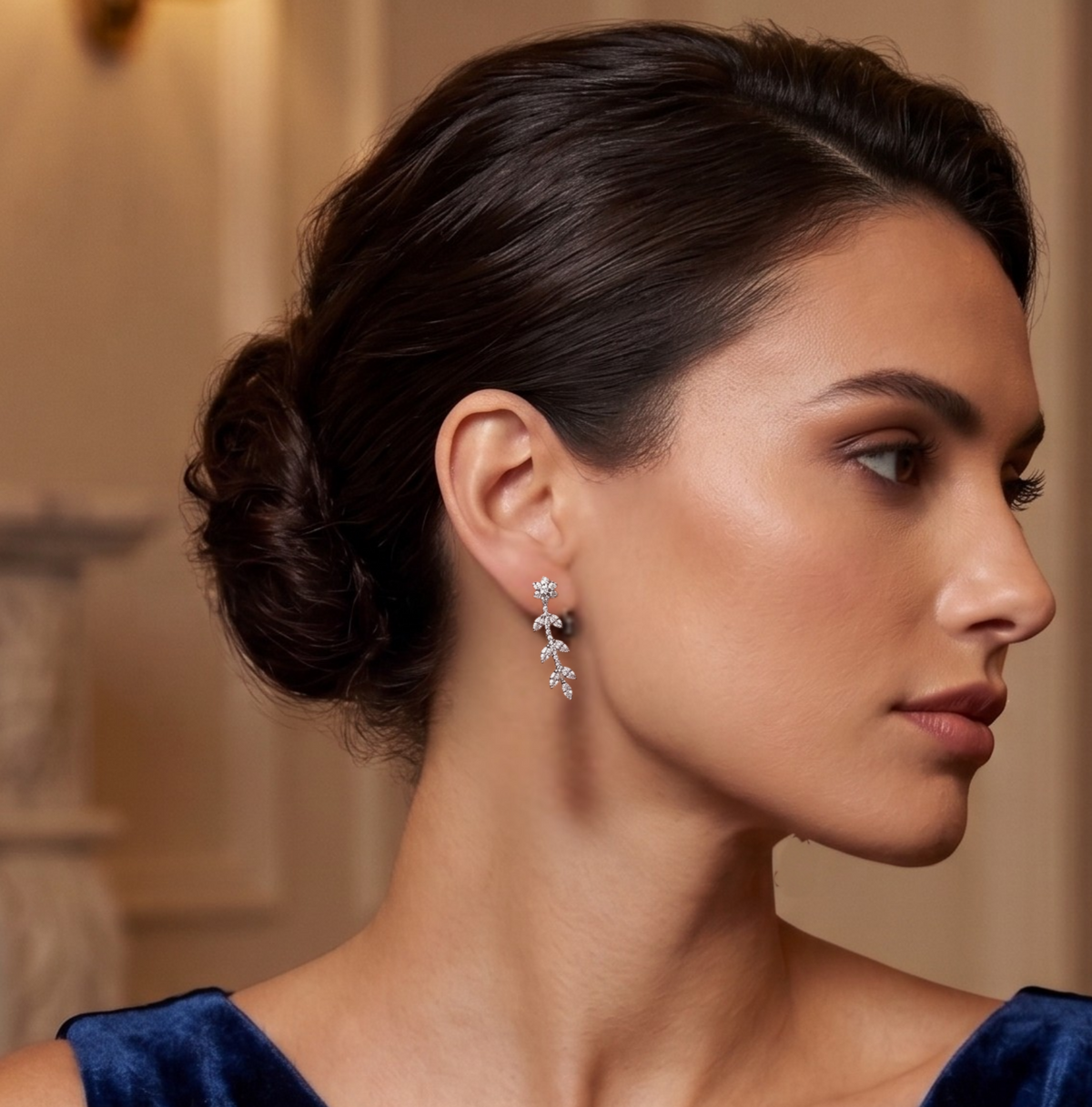 Silver Floral Vine Ear Climbers with Marquise Leaves
