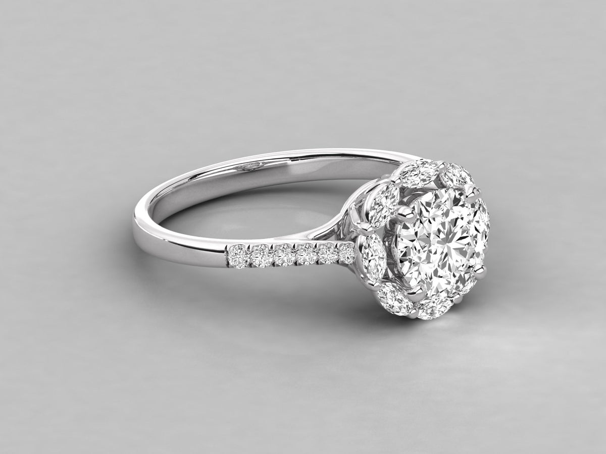 Sterling Silver Round Brilliant Ring with Pave Shoulders