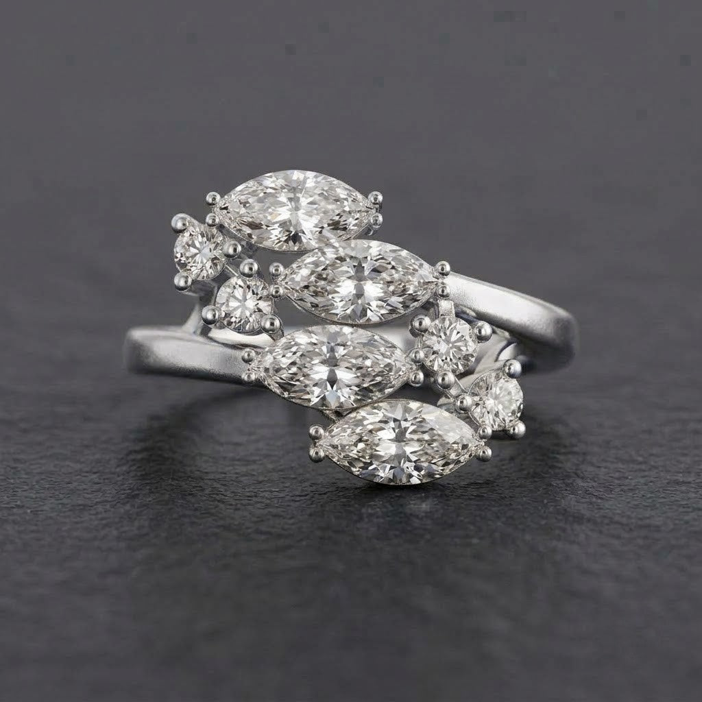 925 Sterling Silver Marquise and Round Cluster Ring