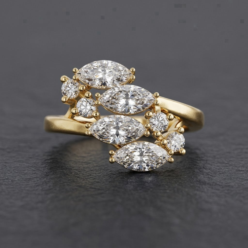 925 Sterling Silver Marquise and Round Cluster Ring