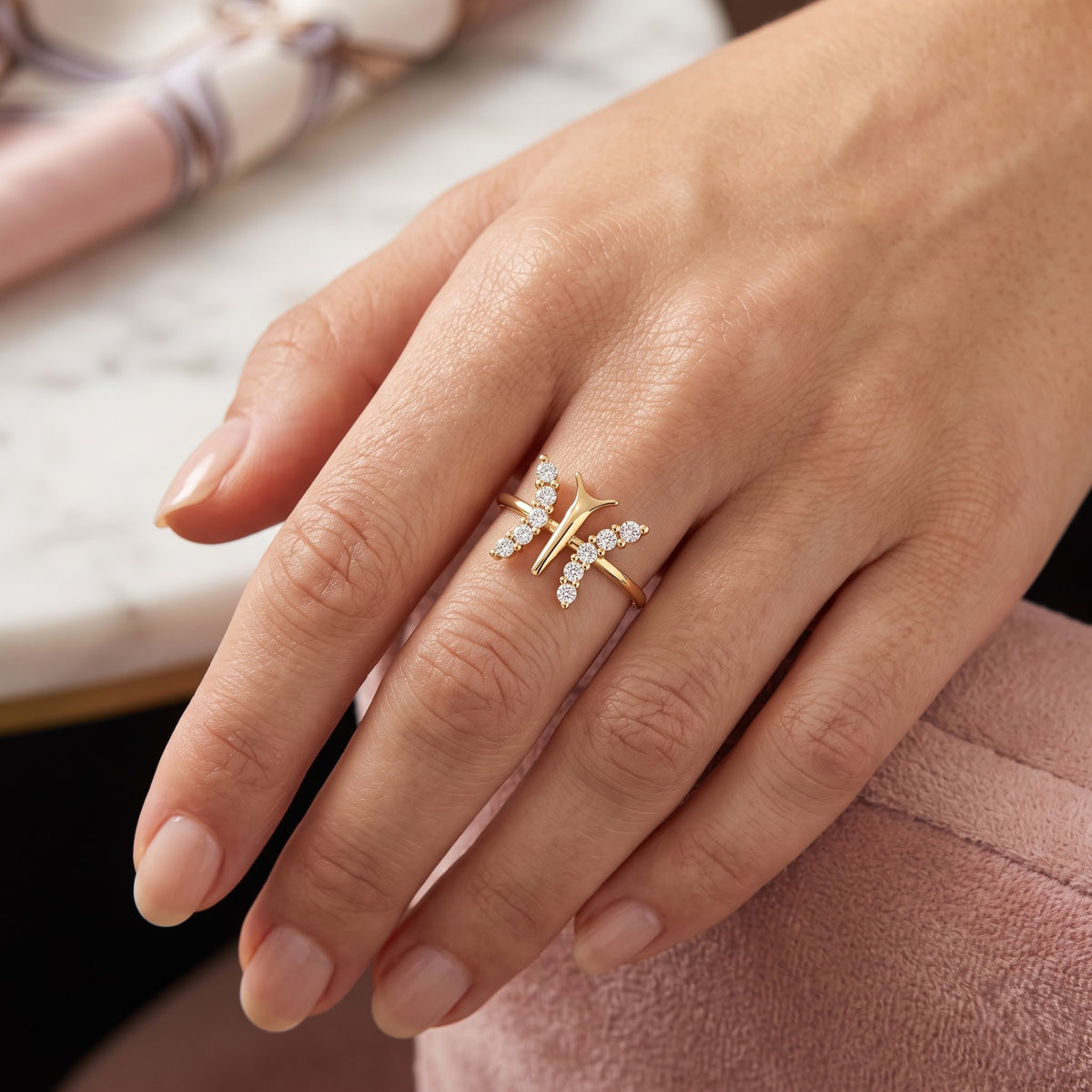 Split Shank Pave Crystal Butterfly Silhouette Silver Ring