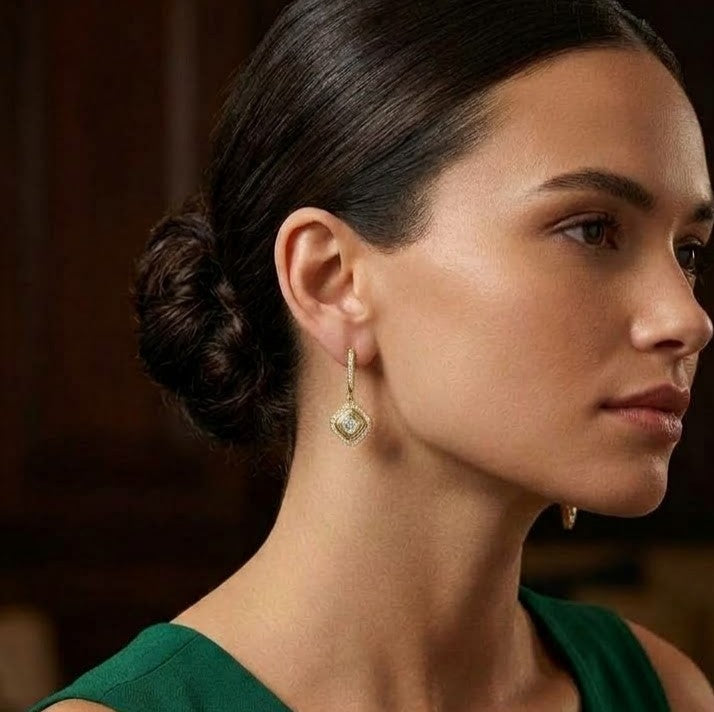 Silver Pavé Diamond-Shaped Dangle Earrings