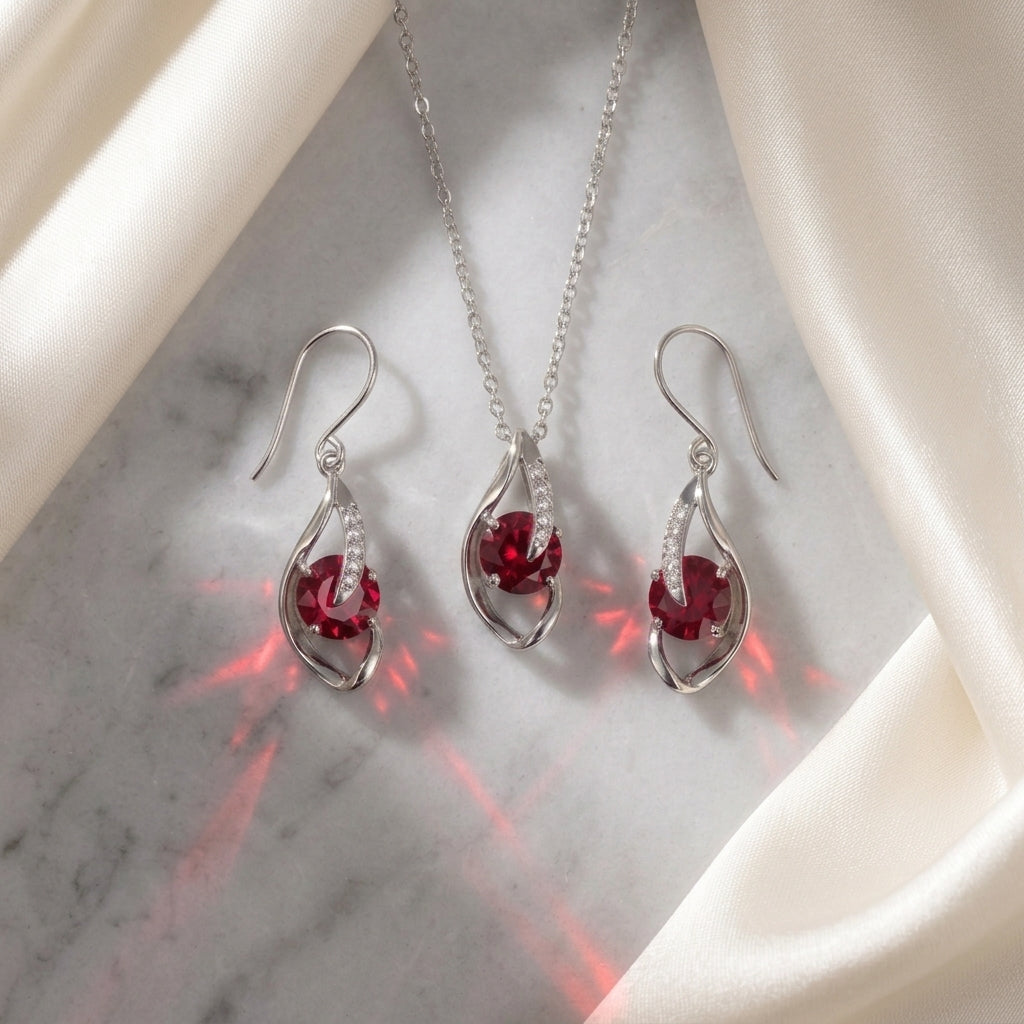 The Crimson Swirl Silver Pendant Set