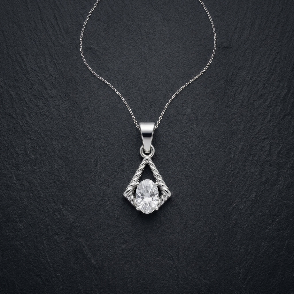 Oval Solitaire Twisted Chevron Silver Chain Pendant