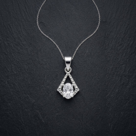 Oval Solitaire Twisted Chevron Silver Chain Pendant