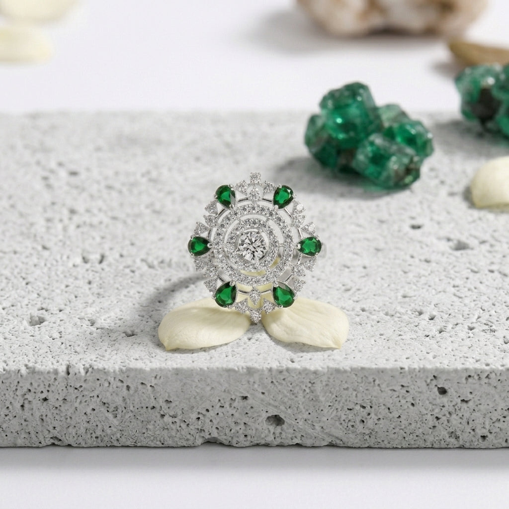 Royal Floral Emerald Statement Silver Ring
