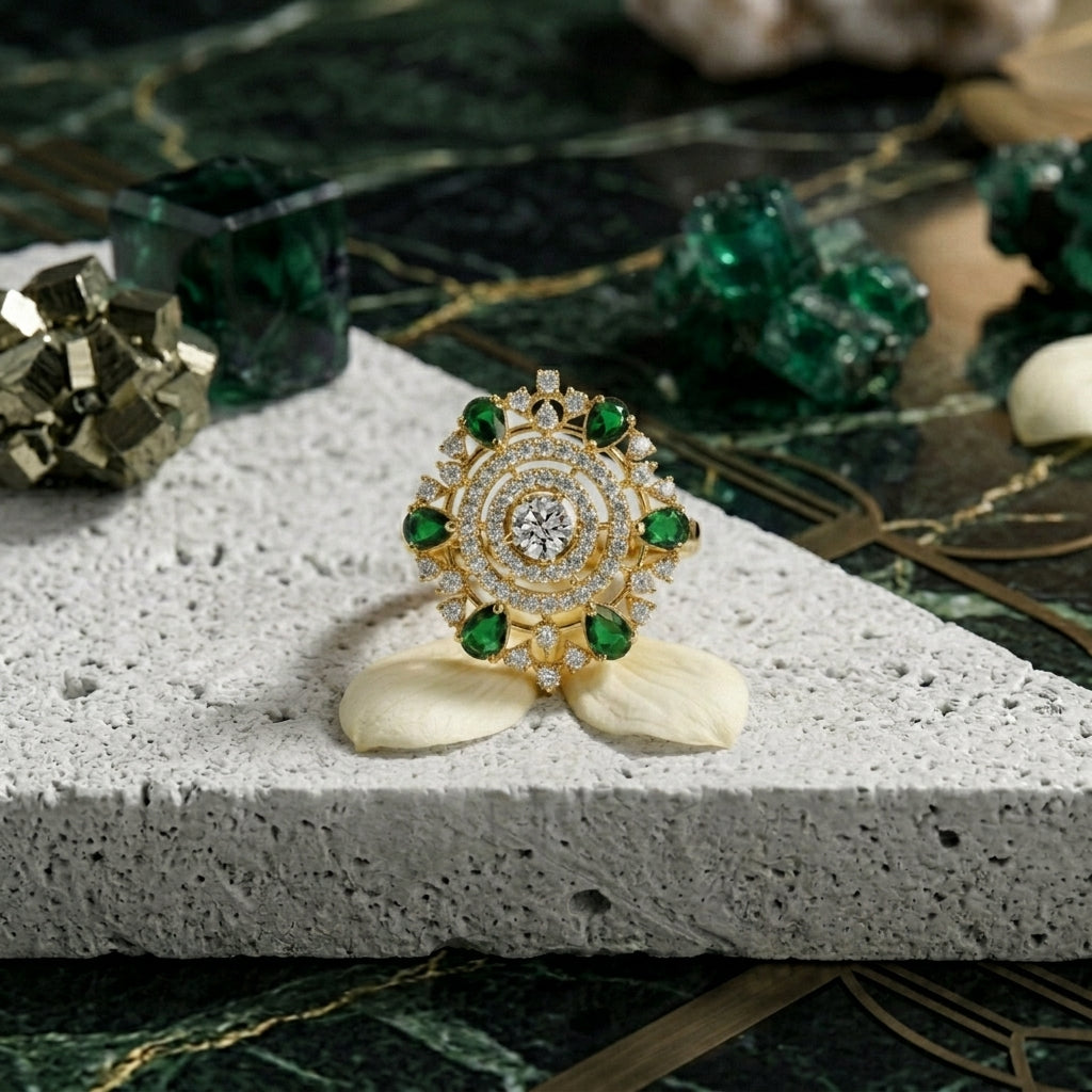 Royal Floral Emerald Statement Silver Ring