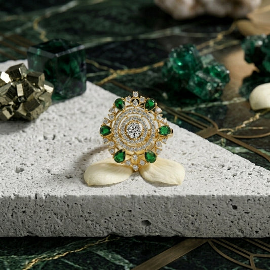 Royal Floral Emerald Statement Silver Ring
