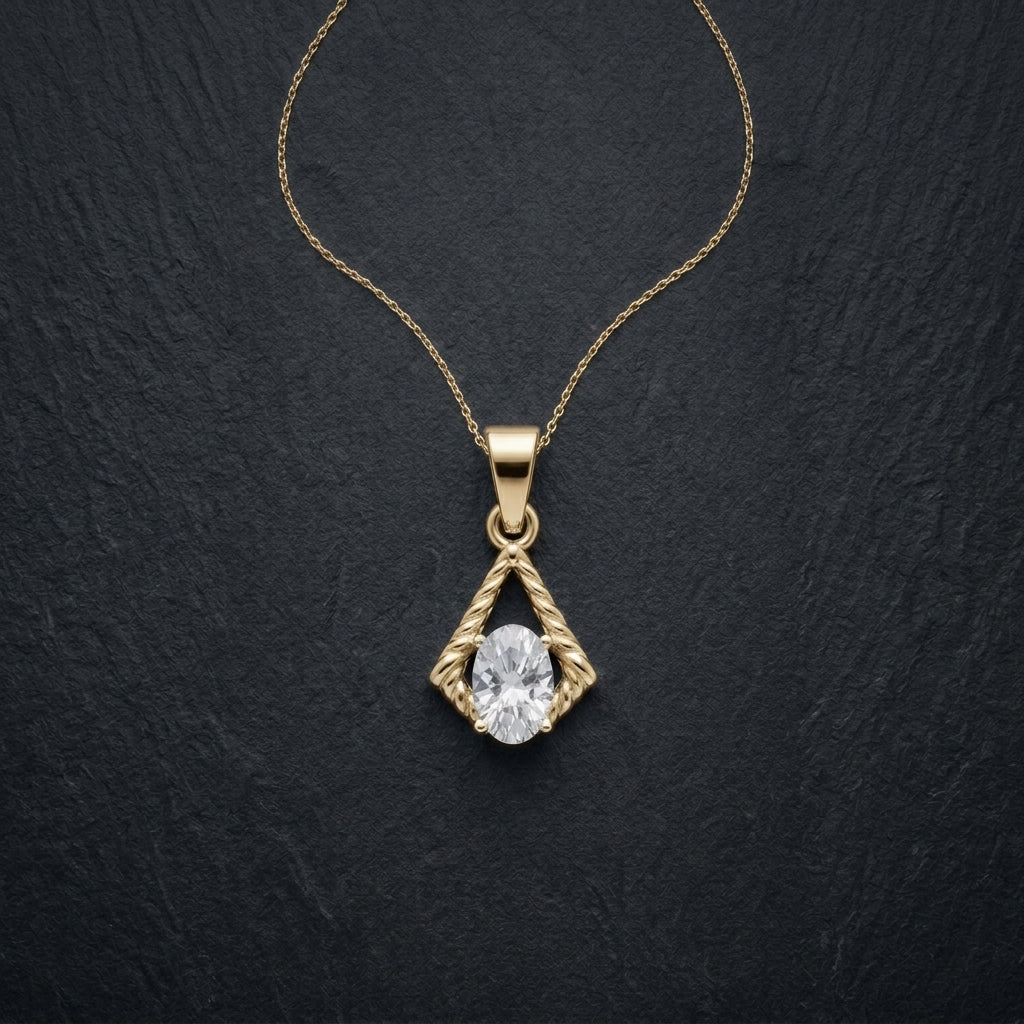 Oval Solitaire Twisted Chevron Silver Chain Pendant