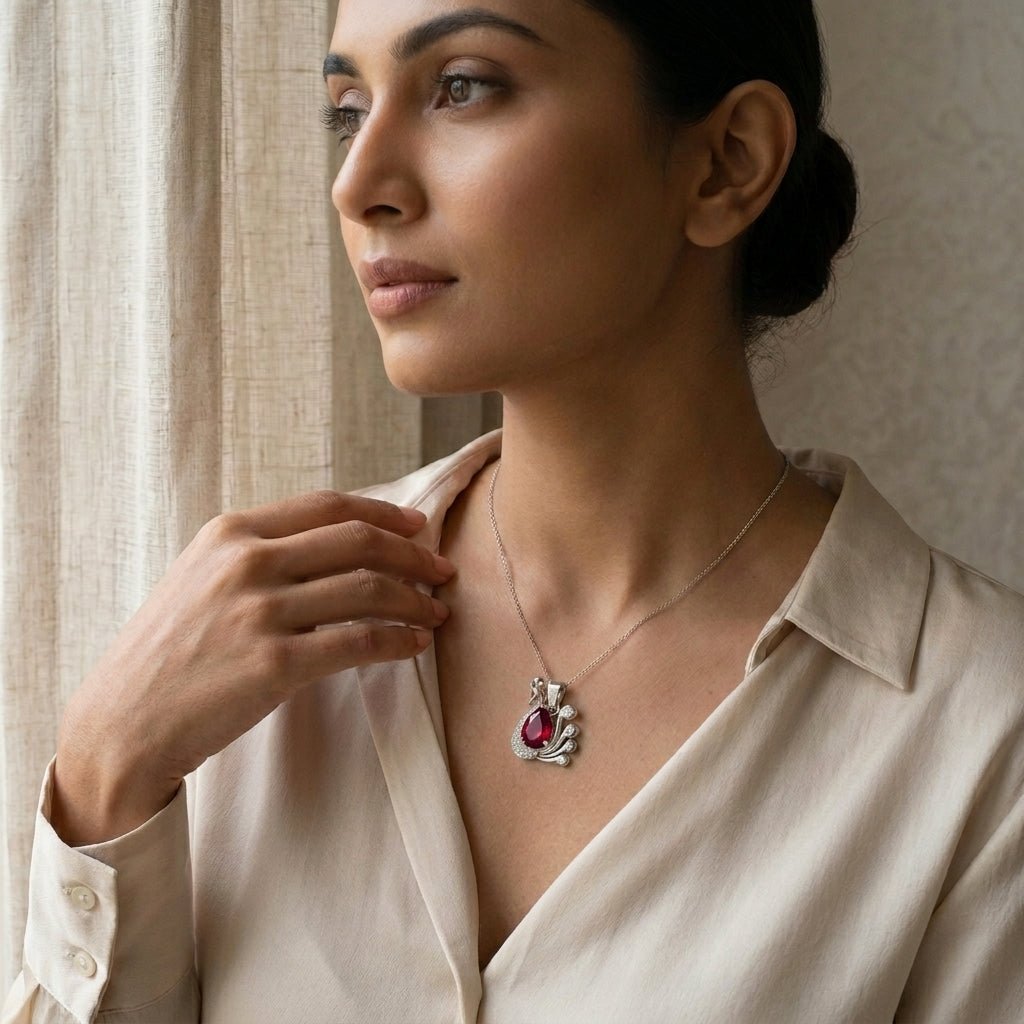 The Ruby Teardrop Peacock Silver Chain Pendant