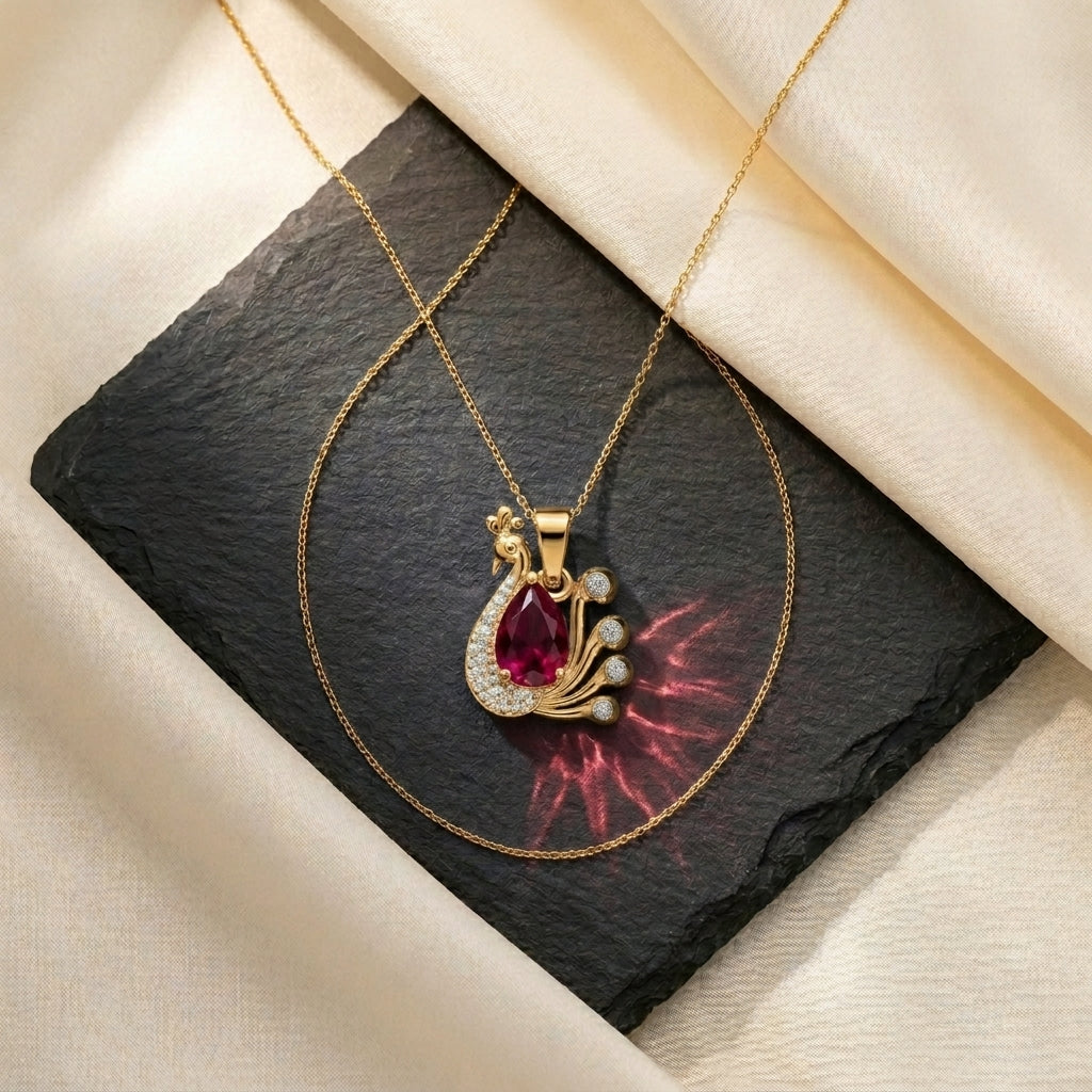 The Ruby Teardrop Peacock Silver Chain Pendant