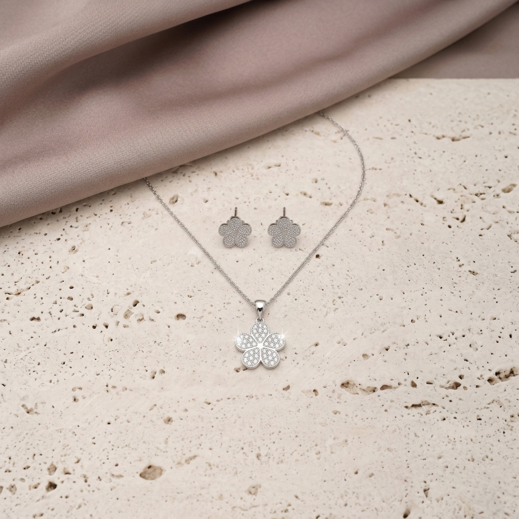 Silver-Tone Pave Floral Pendant Set