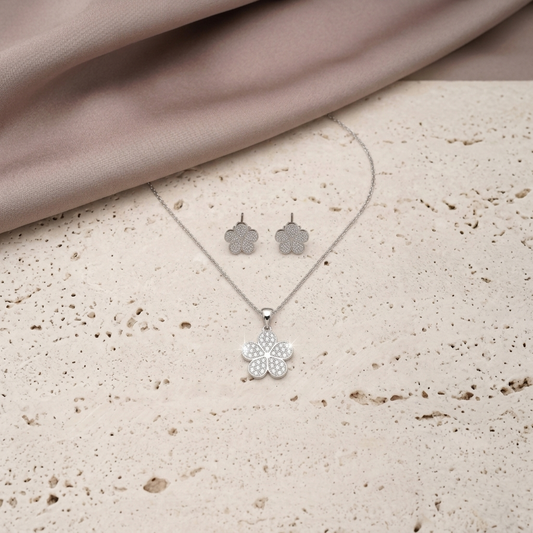Silver-Tone Pave Floral Pendant Set