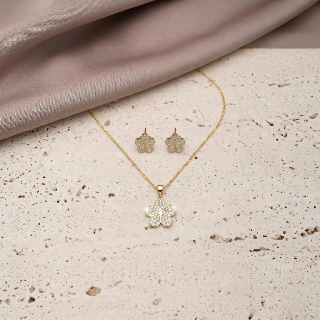 Silver-Tone Pave Floral Pendant Set