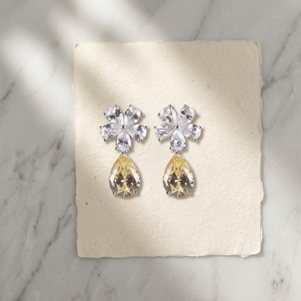 Sterling Silver Floral Drop Earrings with Yellow Teardrop