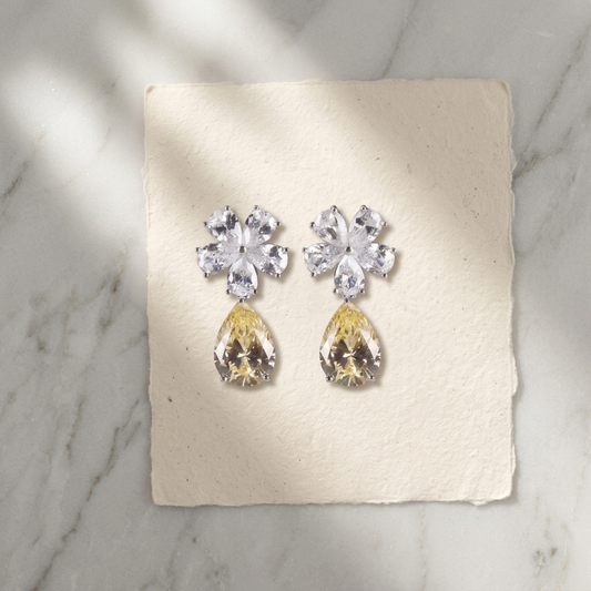 Sterling Silver Floral Drop Earrings with Yellow Teardrop