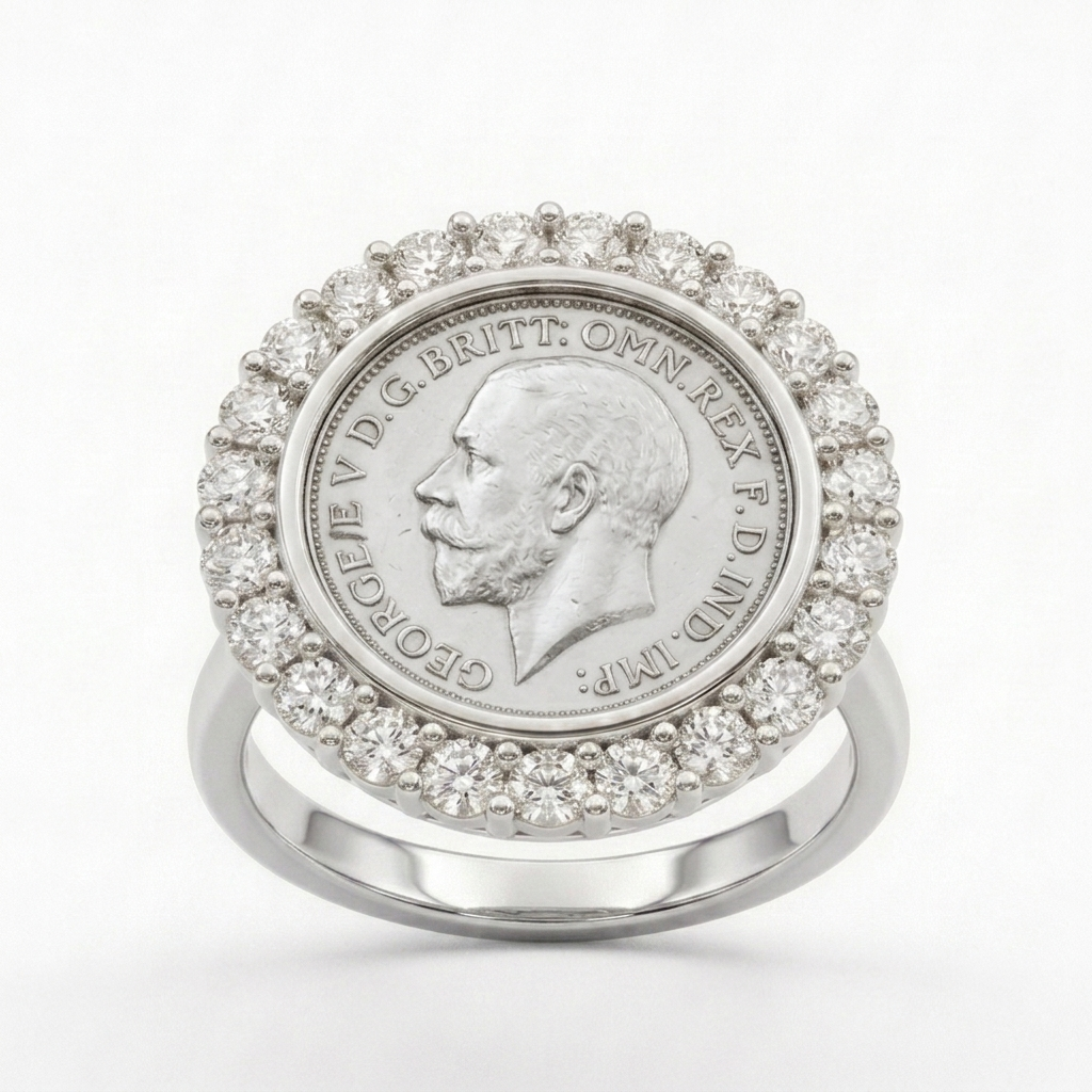 Vintage Style British Coin Statement Ring in 925 Silver