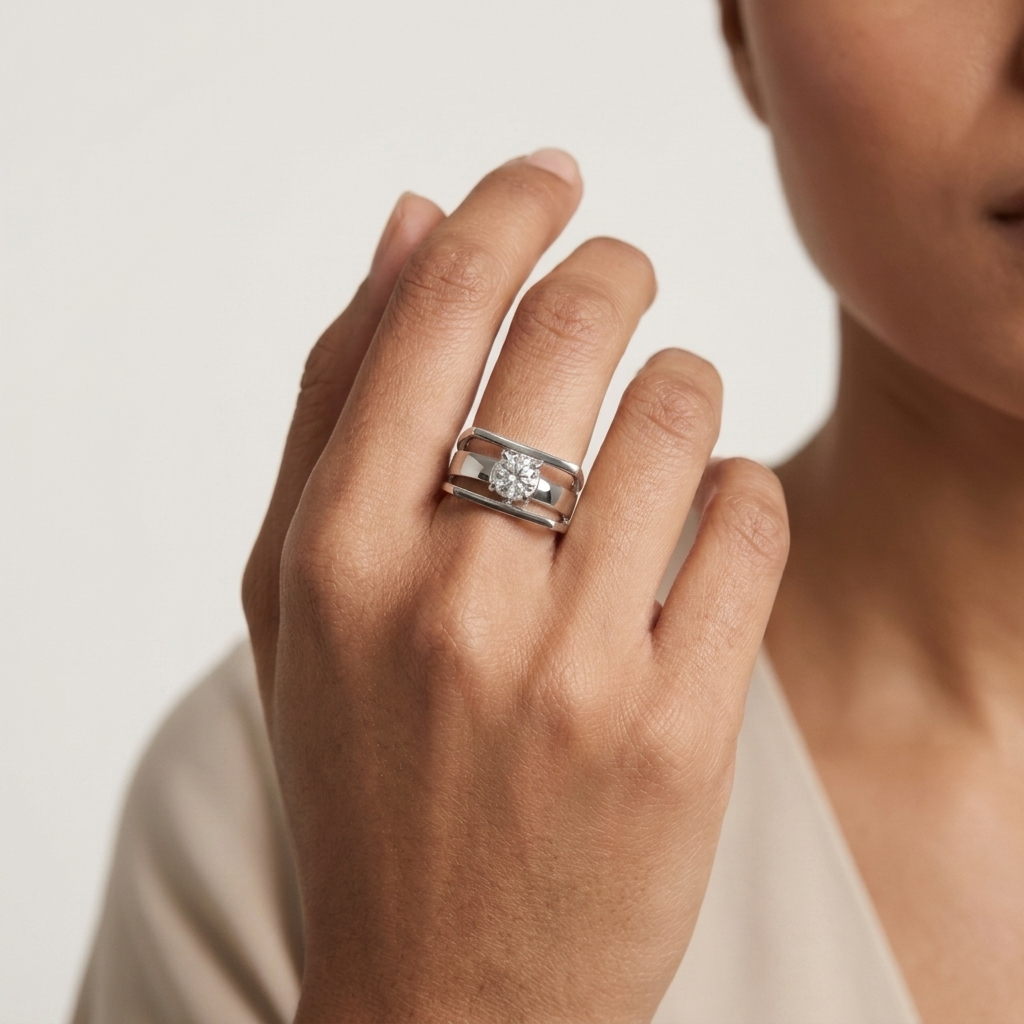 Modern Wide Band Triple-Bar Silver Ring