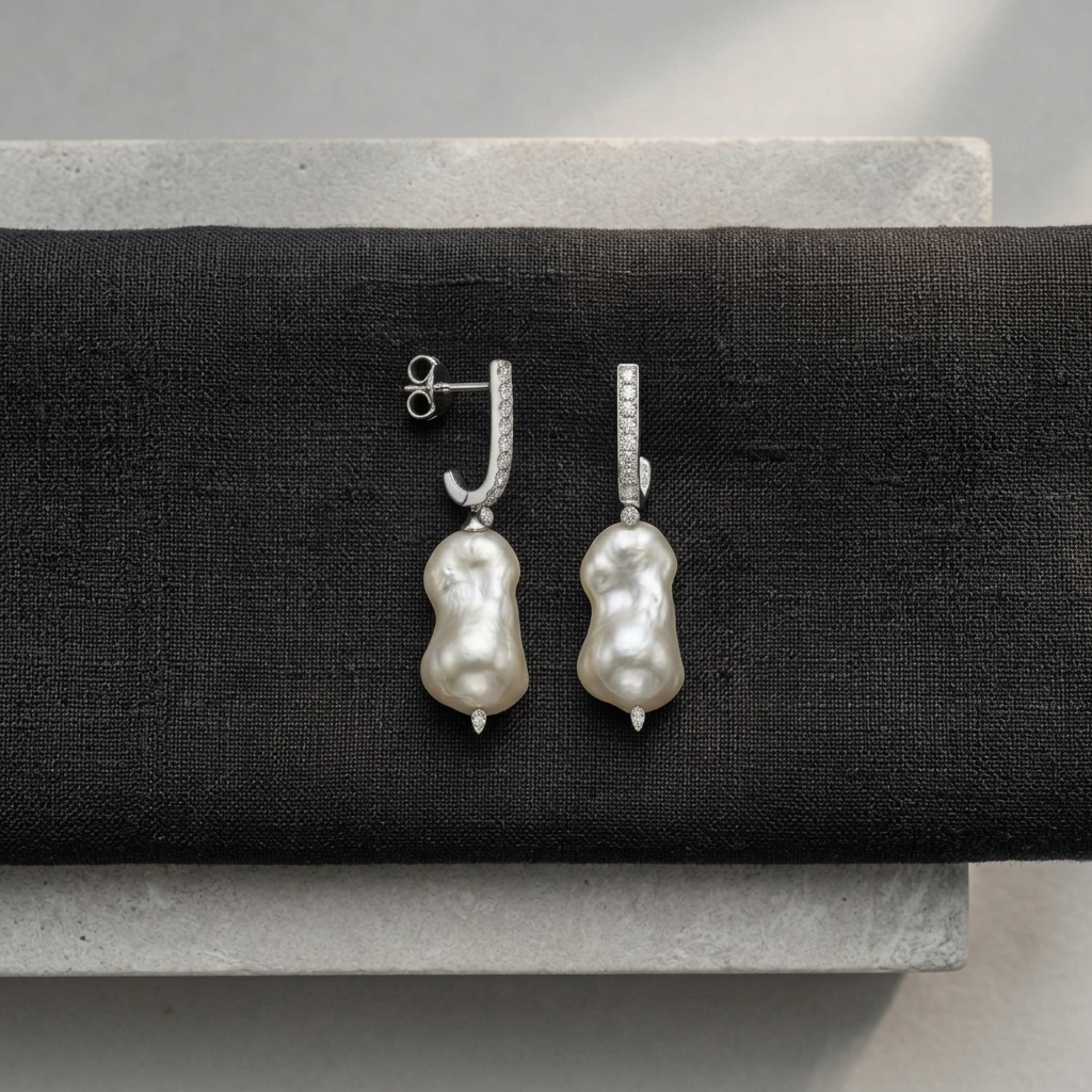 925 Silver J-Hoop Earrings with Natural Baroque Pearls