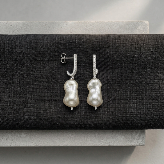 925 Silver J-Hoop Earrings with Natural Baroque Pearls