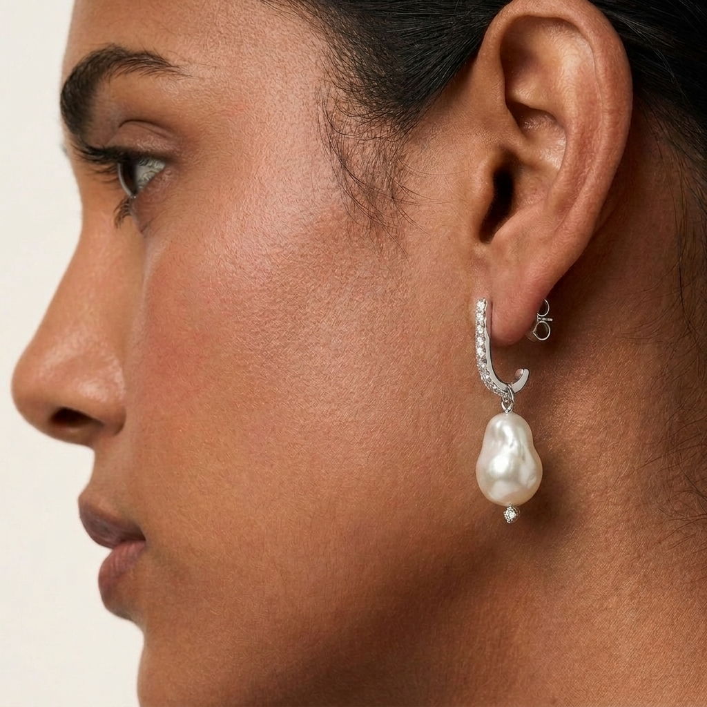 925 Silver J-Hoop Earrings with Natural Baroque Pearls