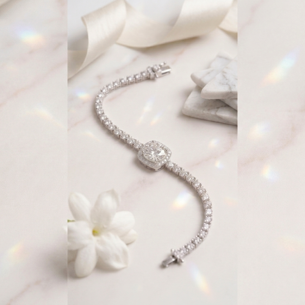 Cushion Cut Centerpiece Silver Tennis Bracelet
