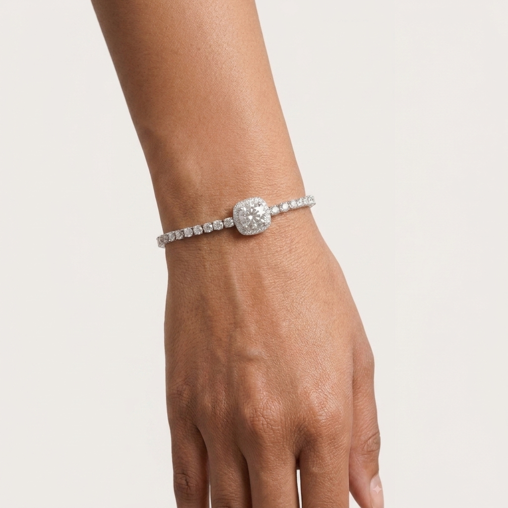 Cushion Cut Centerpiece Silver Tennis Bracelet