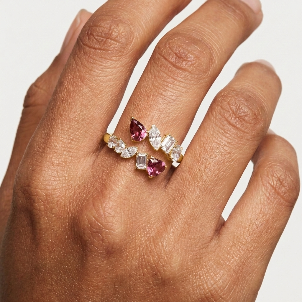 The "Crimson Romance" Multi-Stone Bypass Silver Ring