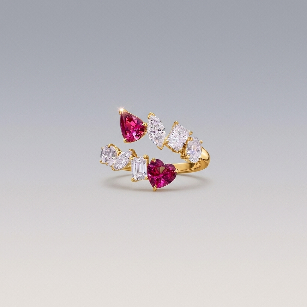 The "Crimson Romance" Multi-Stone Bypass Silver Ring