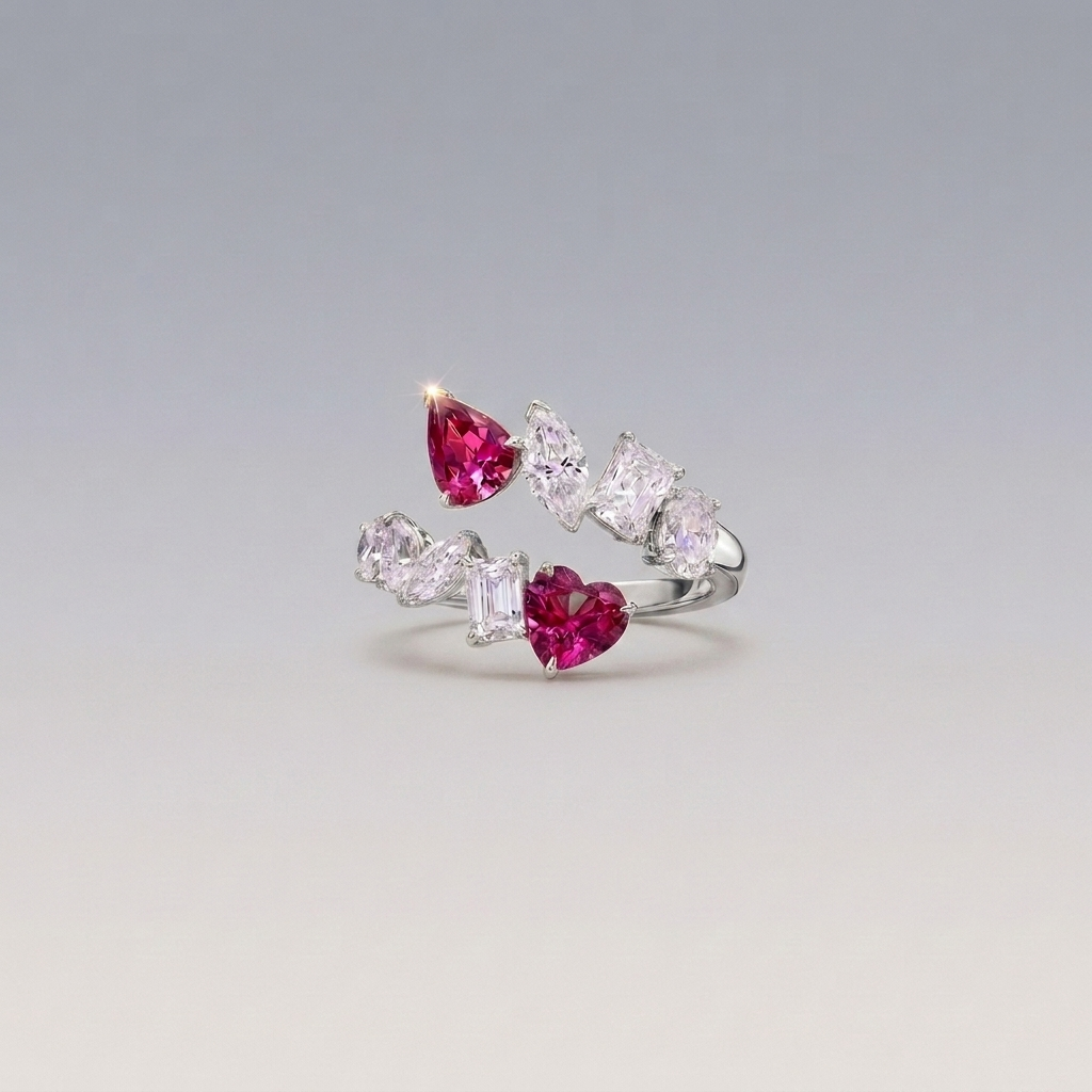 The "Crimson Romance" Multi-Stone Bypass Silver Ring