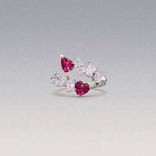 The "Crimson Romance" Multi-Stone Bypass Silver Ring
