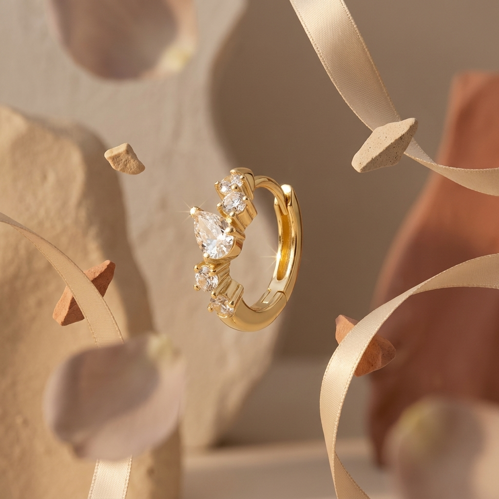 Silver Pear and Round Cut Cluster Huggie Hoop Earrings