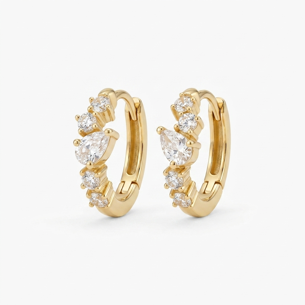 Silver Pear and Round Cut Cluster Huggie Hoop Earrings