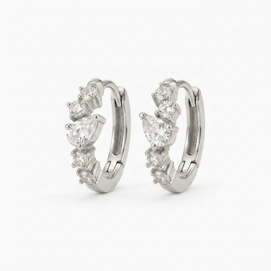 Silver Pear and Round Cut Cluster Huggie Hoop Earrings
