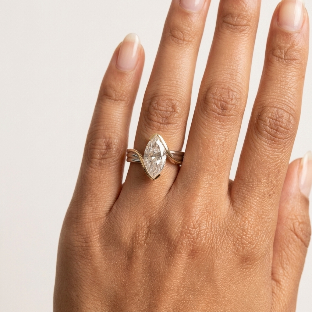Silver and Gold Sculptural Marquise Ring