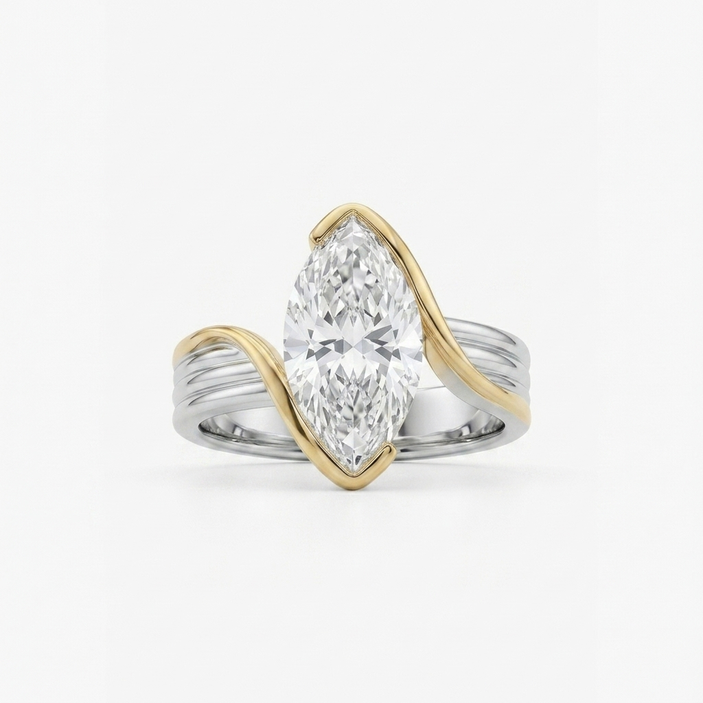 Silver and Gold Sculptural Marquise Ring