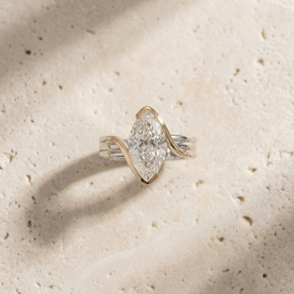 Silver and Gold Sculptural Marquise Ring