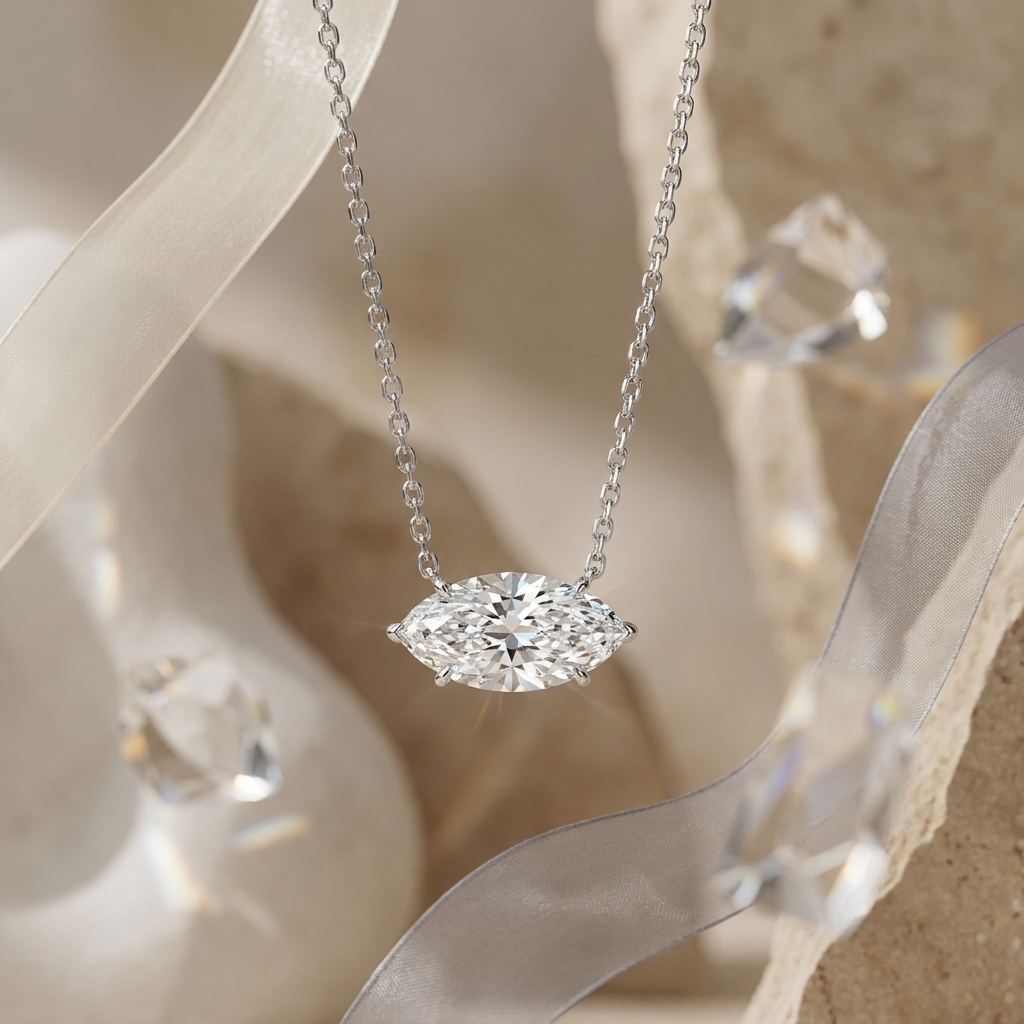 Silver East-West Set Marquise Solitaire Pendant