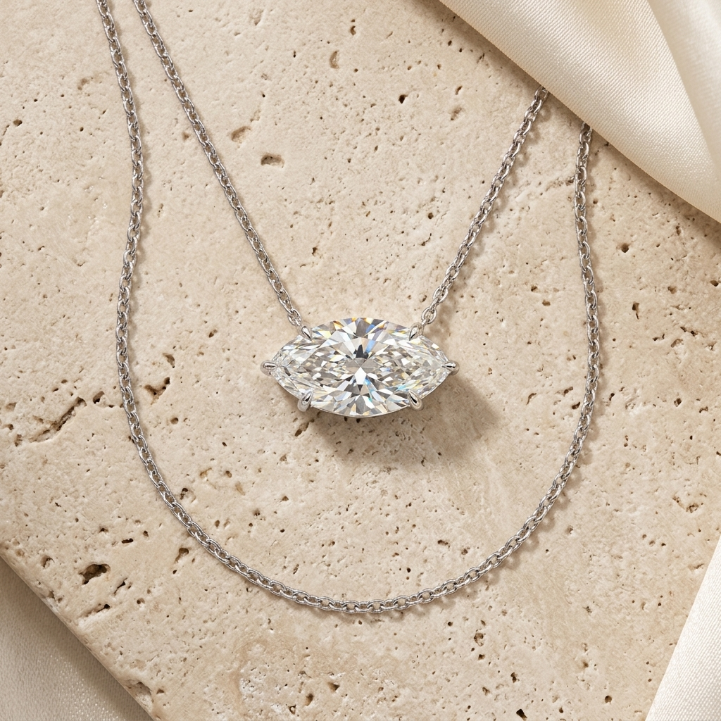 Silver East-West Set Marquise Solitaire Pendant