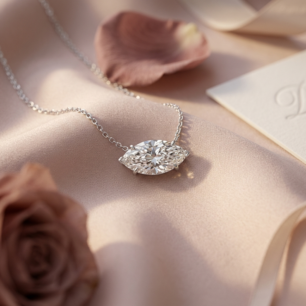 Silver East-West Set Marquise Solitaire Pendant