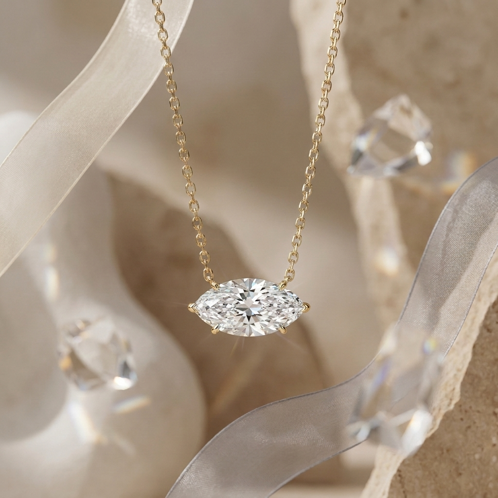 Silver East-West Set Marquise Solitaire Pendant