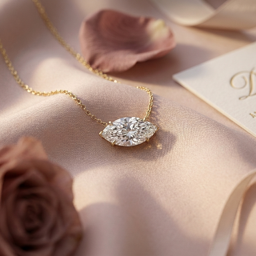 Silver East-West Set Marquise Solitaire Pendant