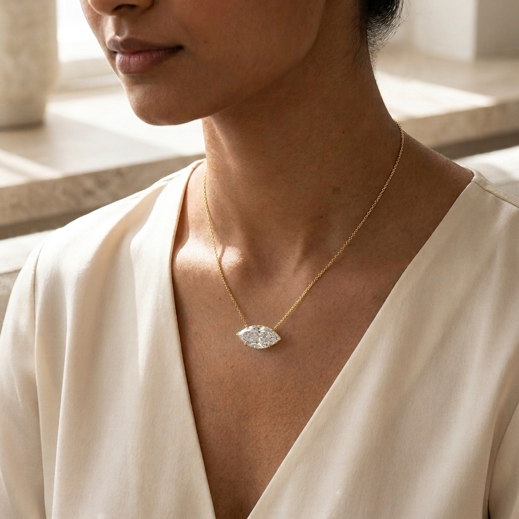 Silver East-West Set Marquise Solitaire Pendant